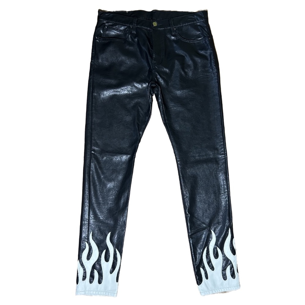 mnml Men’s Black Flame Graphic Faux Leather Pants 30x33 Streetwear